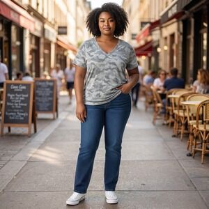 1X Jane & Delaney Gray Camo V-Neck Tee Short Sleeve Plus Size Soft Casual Top